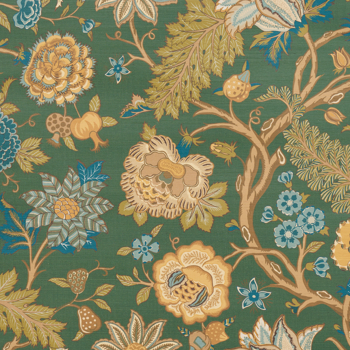 Teal-green Tree of Life motif on a sisal rug with gold, beige, and blue accents (Juniper colorway).