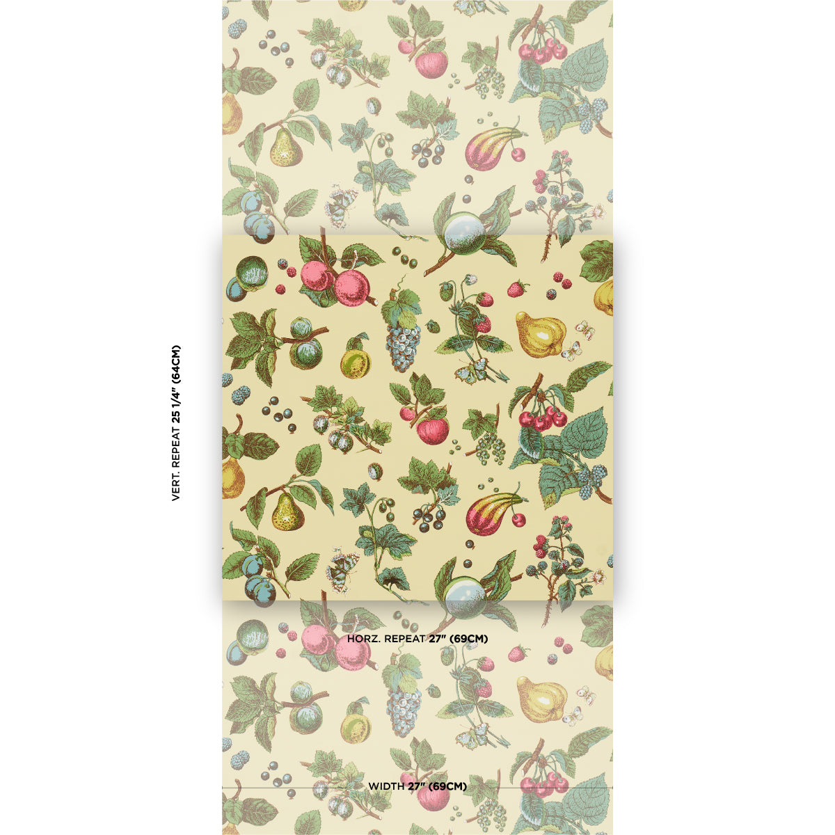 Cream background with a repeating vintage botanical fruit pattern featuring apples, pears, grapes and berries in pastel tones.