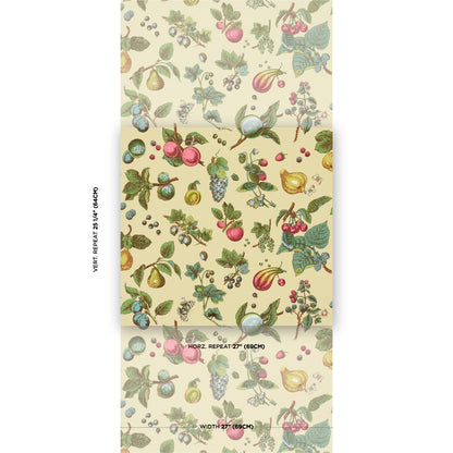 Cream background with a repeating vintage botanical fruit pattern featuring apples, pears, grapes and berries in pastel tones.
