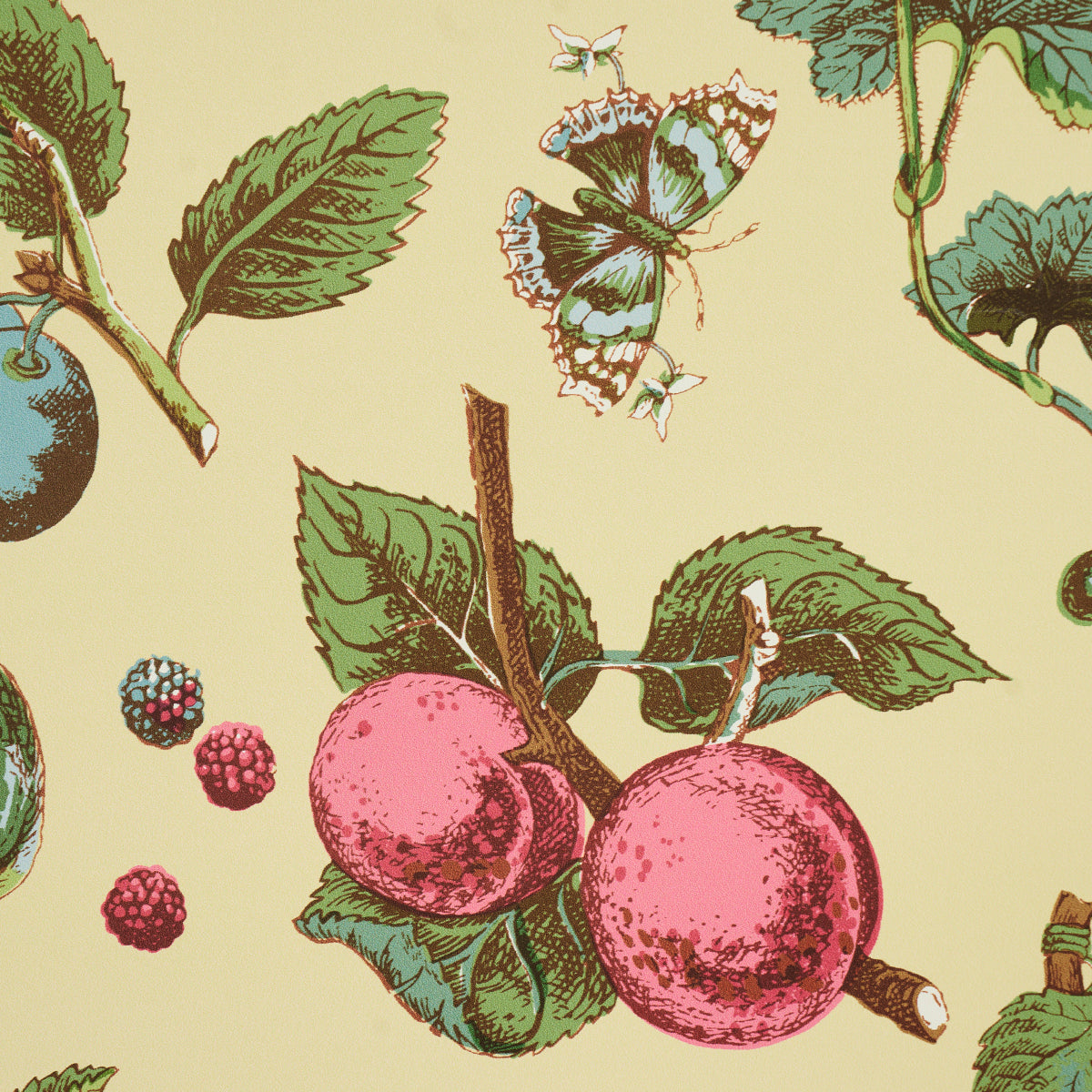 Vintage botanical pattern: pink plums on brown branches with green leaves, berries & a butterfly on yellow backdrop.