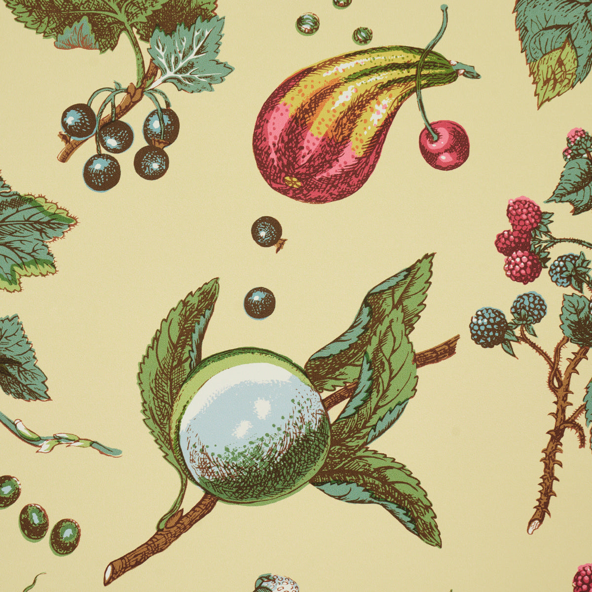 Vintage botanical pattern with green apple, peach, blackcurrants and red berries on pale yellow background