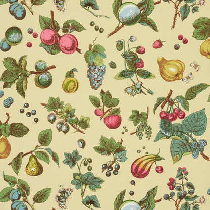 Vintage botanical fruit pattern with pears, grapes, apples and berries and green leaves on a beige background.