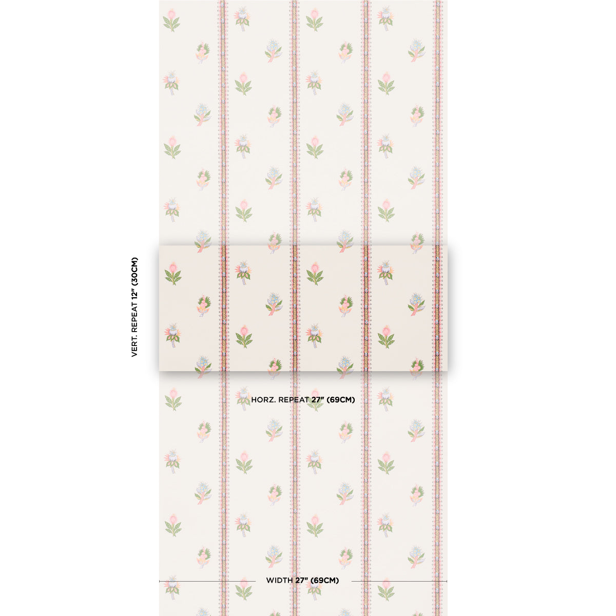Cream wallpaper with pale pink vertical stripes and tiny pastel flowers; vintage floral wallcovering.
