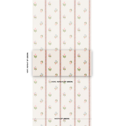 Cream wallpaper with pale pink vertical stripes and tiny pastel flowers; vintage floral wallcovering.