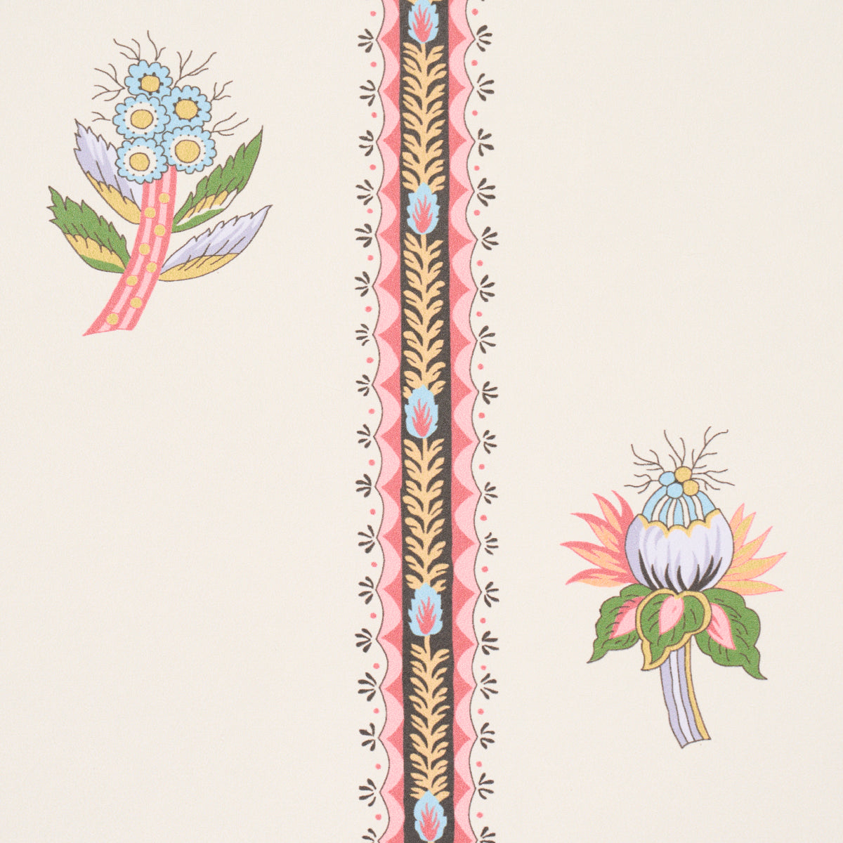 Cream wallpaper with striped border in black, pink & gold; two floral clusters: blue daisies left, purple bloom right.