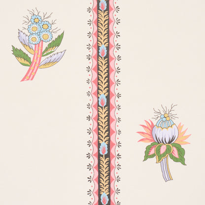 Cream wallpaper with striped border in black, pink & gold; two floral clusters: blue daisies left, purple bloom right.