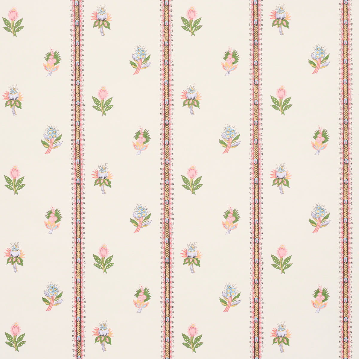 Cream wallpaper with narrow pink striped borders and scattered pastel floral bouquets in green, pink and blue.