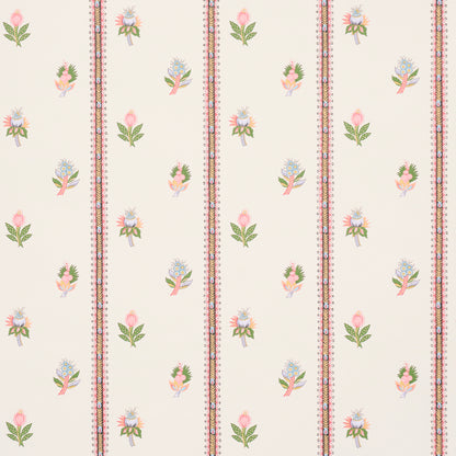 Cream wallpaper with narrow pink striped borders and scattered pastel floral bouquets in green, pink and blue.