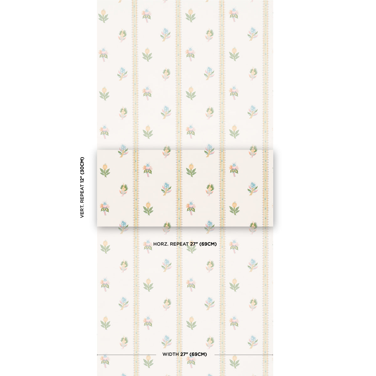 Cream wallpaper with vertical rows of tiny pastel flowers and gold dotted stripes, vintage botanical pattern.