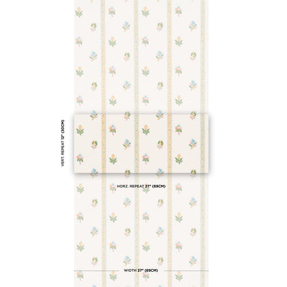 Cream wallpaper with vertical rows of tiny pastel flowers and gold dotted stripes, vintage botanical pattern.