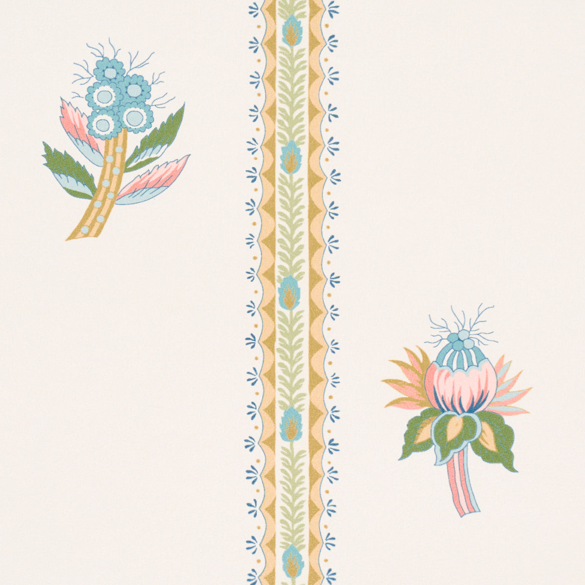 Cream wallpaper with blue floral cluster on left, pinkish bloom on right, and a teal-gold vertical border.