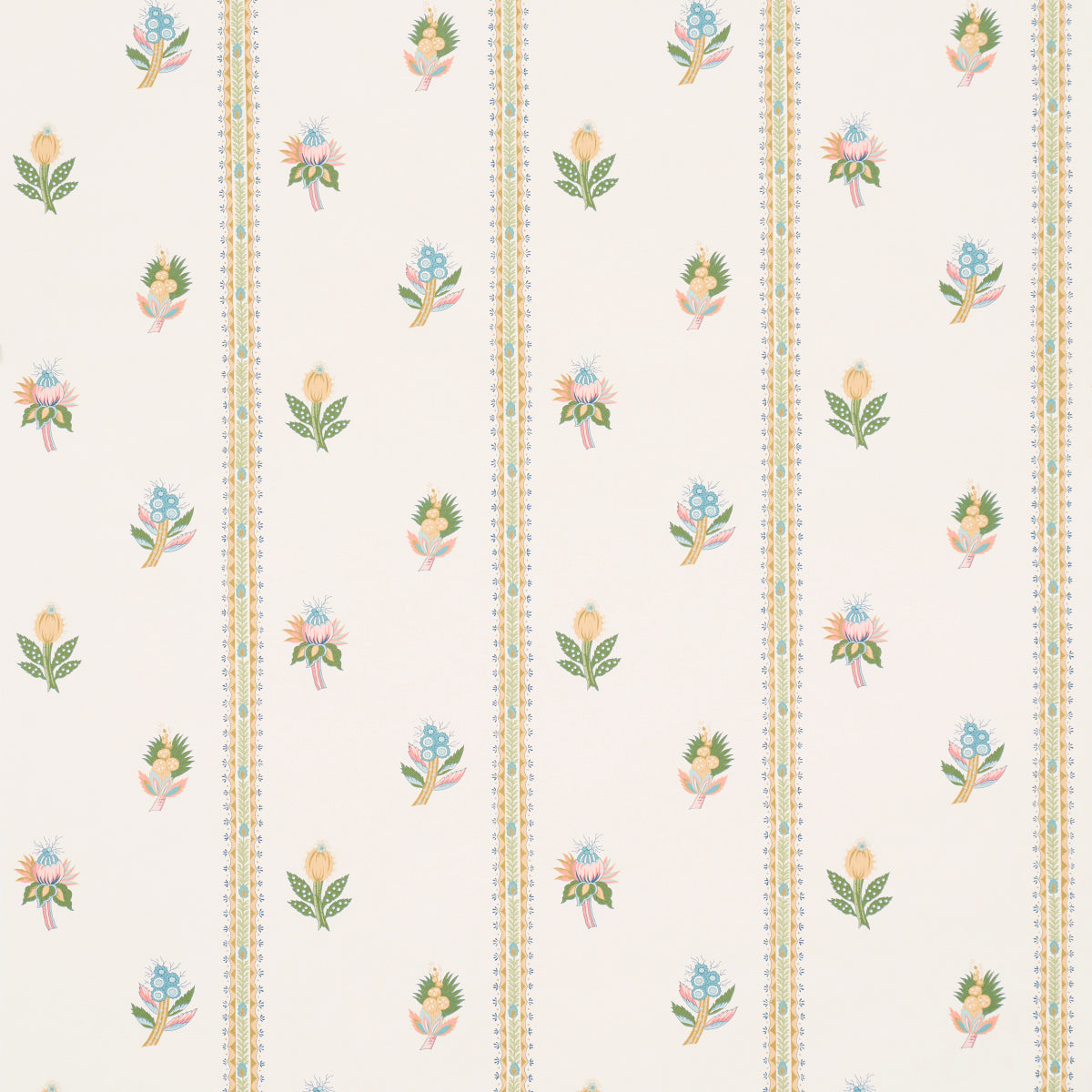 Cream wallpaper with repeating vertical floral motifs and narrow striped borders in pastel blues, pinks, greens, and yellows.