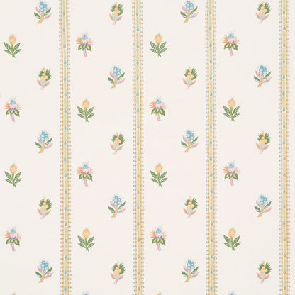 Cream wallpaper with repeating vertical floral motifs and narrow striped borders in pastel blues, pinks, greens, and yellows.