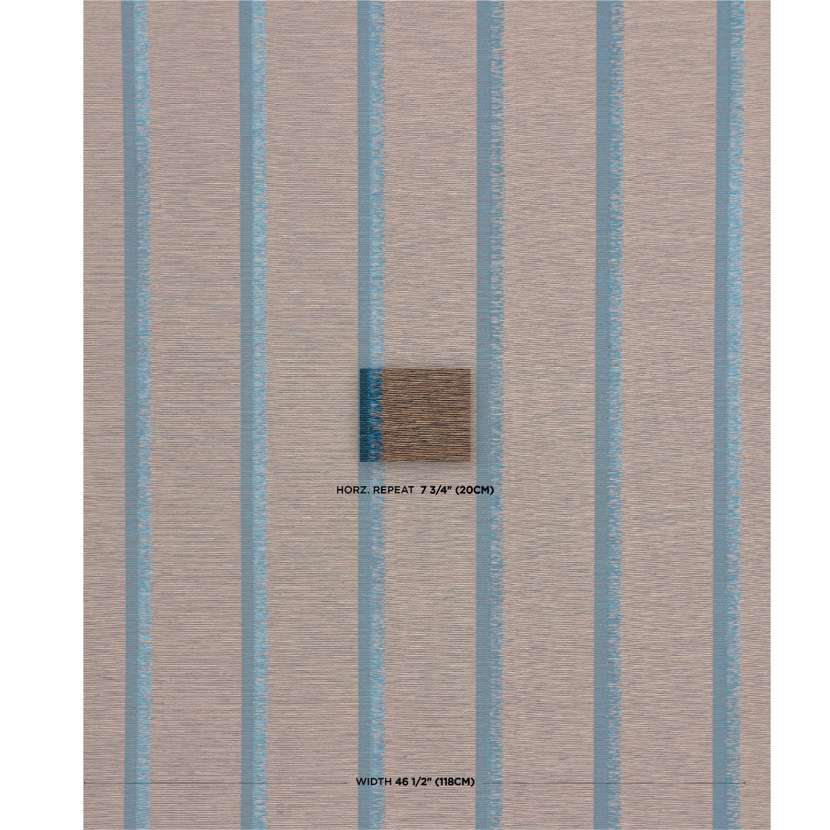 Beige textured wallpaper with vertical light-blue stripes; centered swatch shows brown and blue tones.