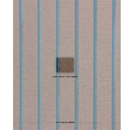 Beige textured wallpaper with vertical light-blue stripes; centered swatch shows brown and blue tones.