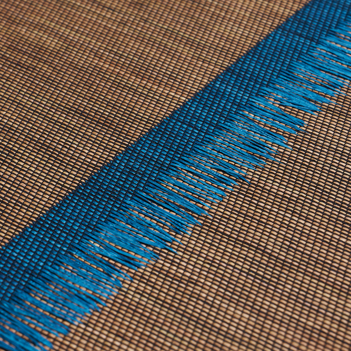 Diagonal close-up of tan-brown woven fabric with a cobalt blue fringed stripe.