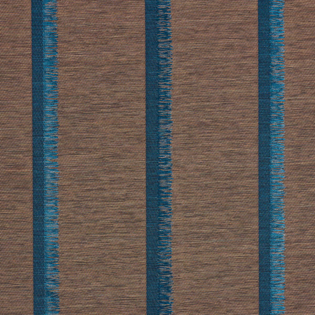 Brown wallcovering with vertical teal-blue stripes; textured, woven appearance.