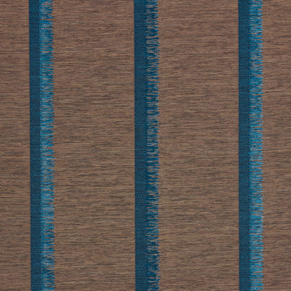 Brown wallcovering with vertical teal-blue stripes; textured, woven appearance.