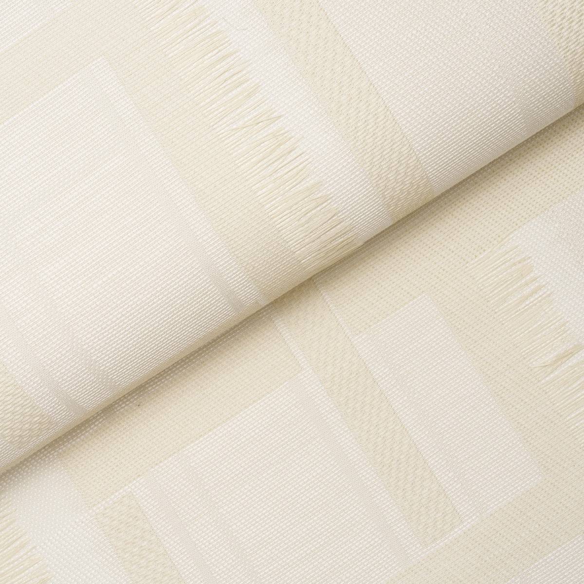 Cream beige wallcovering with a subtle geometric plaid pattern in parchment tones; soft, neutral surface.