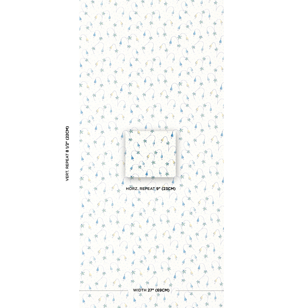 White fabric with tiny light-blue palm-tree pattern in a repeating coastal print; small swatch with measurement notes.