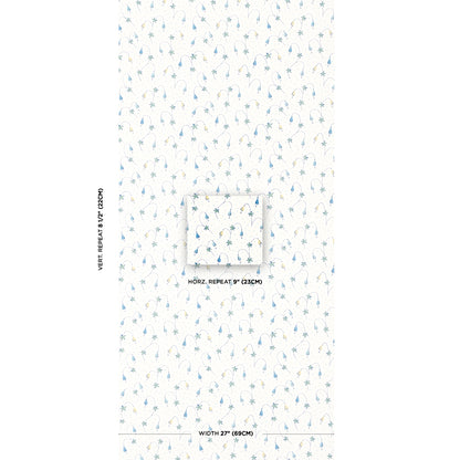 White fabric with tiny light-blue palm-tree pattern in a repeating coastal print; small swatch with measurement notes.