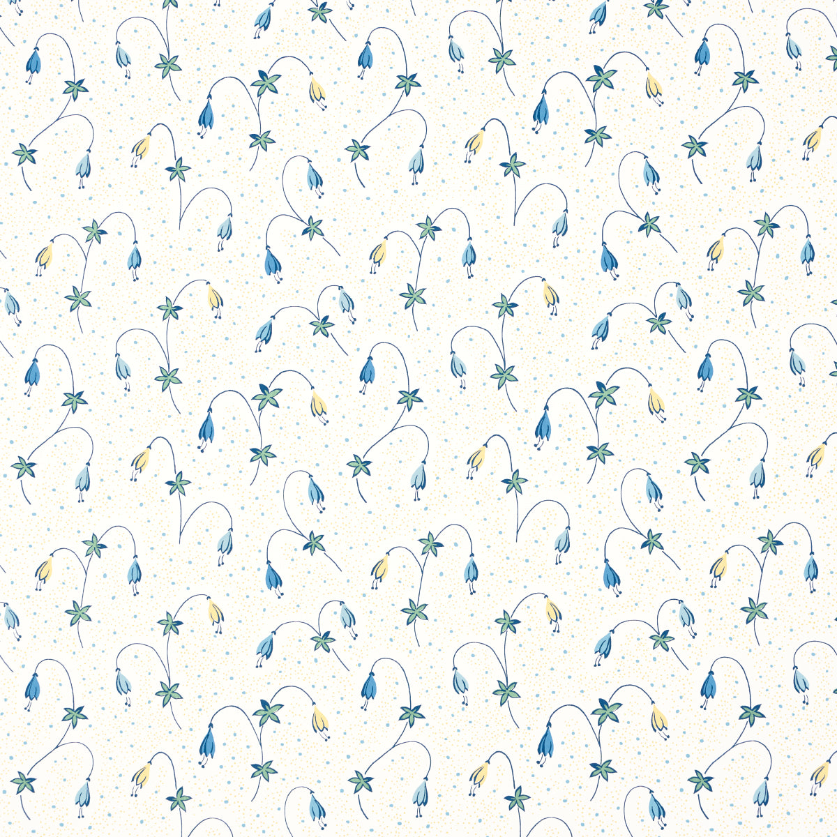 Cream fabric with delicate watercolor blue and yellow floral sprigs on curved stems and green leaves in a repeating print.