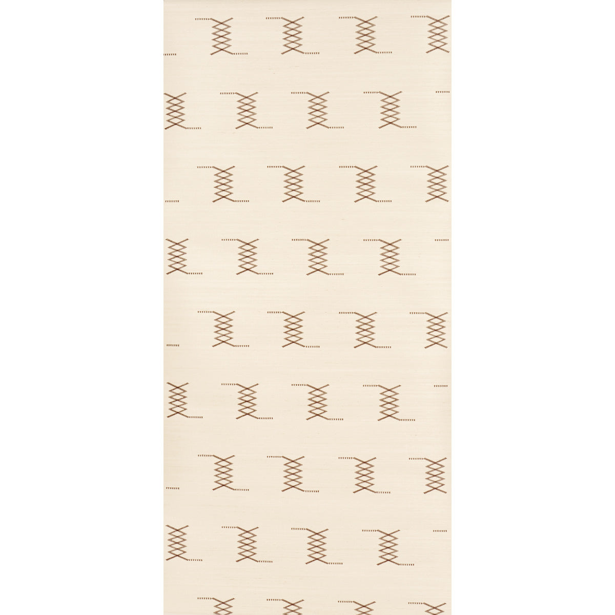 Beige rectangular rug with repeating brown X-shaped stitch motifs across the surface.