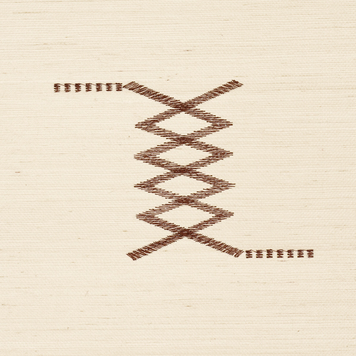 Brown embroidery on light beige fabric featuring stacked diamond zigzags with short horizontal stitches at ends.