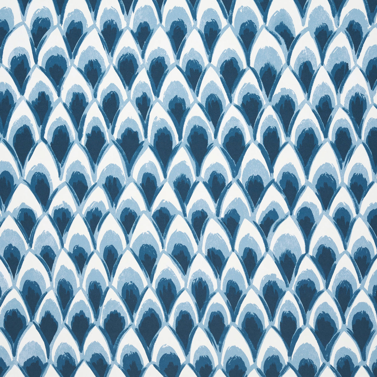 Repeating scalloped blue fish-scale wallpaper pattern with watercolor gradients from light blue to dark navy.