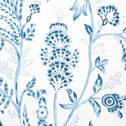 Indigo and white botanical pattern with stems and leaves on a white background; panel-set fabric.