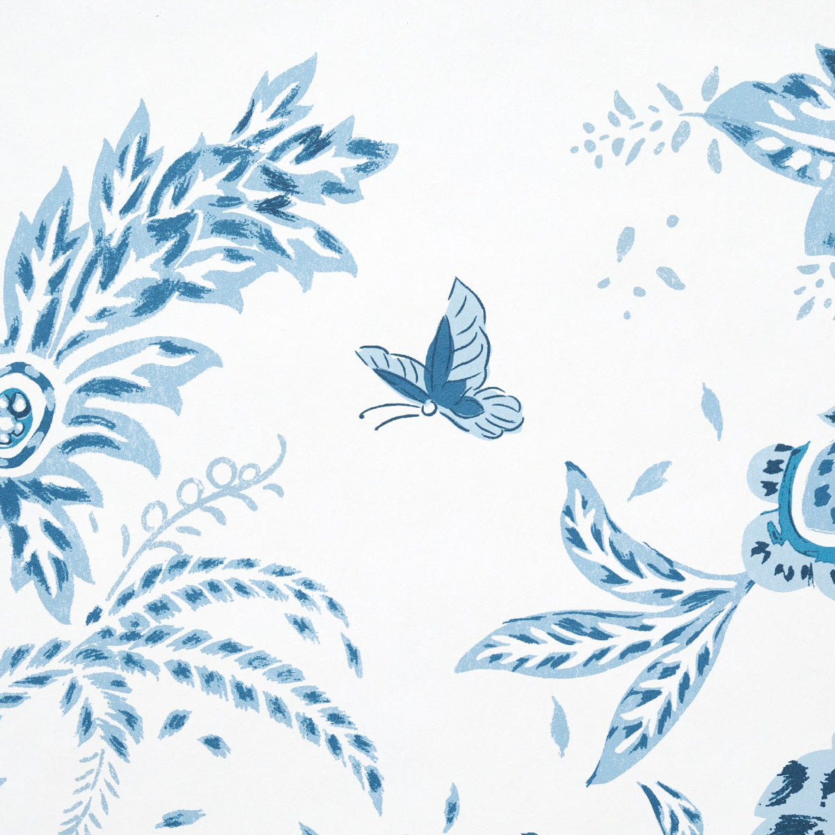 Blue botanical print with leaves and a butterfly on white, watercolor-style fabric pattern