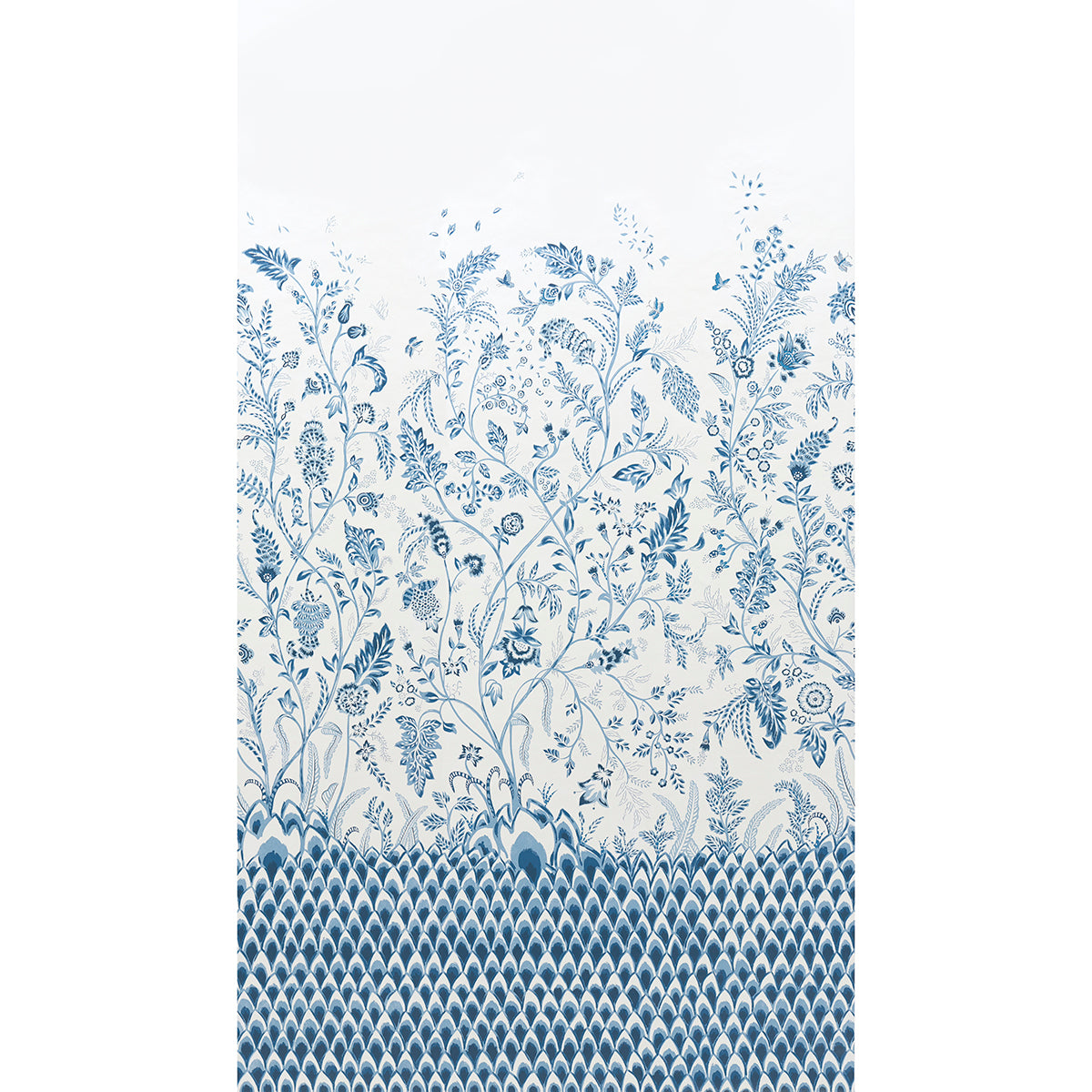 Indigo botanical floral pattern fades across white with a scalloped fish-scale border at the bottom.