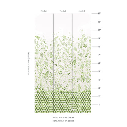 Three-panel botanical wallpaper with green vines on white, panel seams and floral bottom motif.