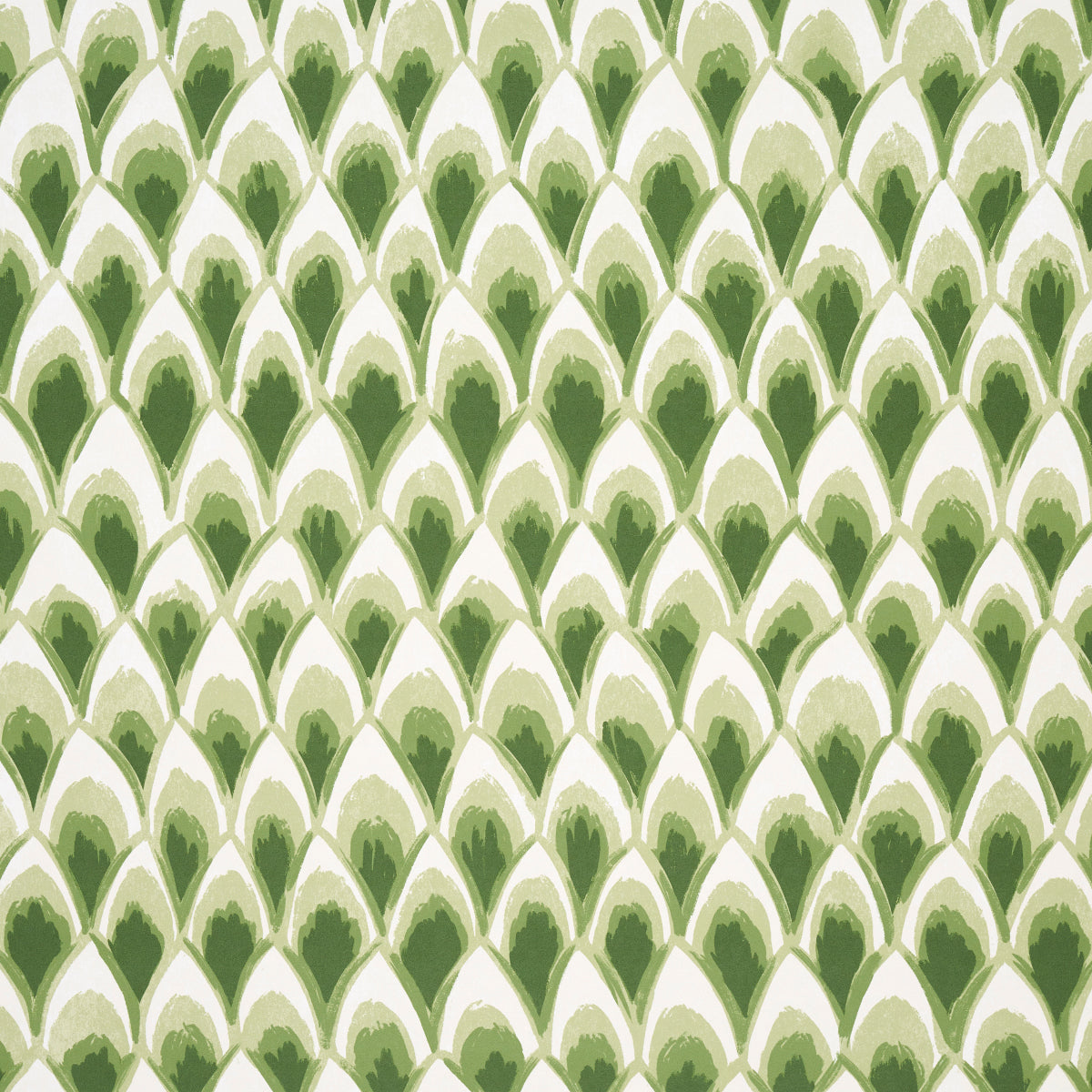 Repeating green leaf-teardrop chinoiserie pattern on cream background; panel-set wallpaper.