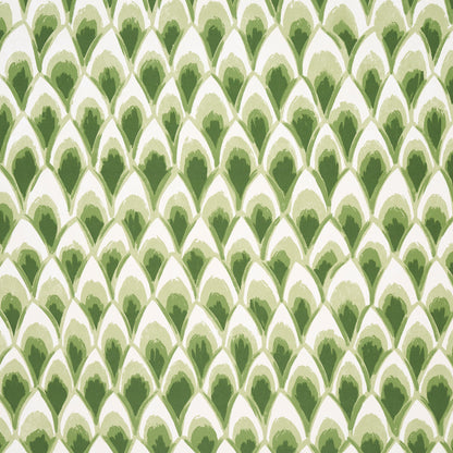 Repeating green leaf-teardrop chinoiserie pattern on cream background; panel-set wallpaper.