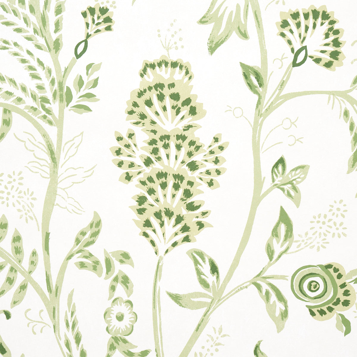 Green botanical wallpaper pattern featuring stylized leaves and stems on ivory background; panel set.
