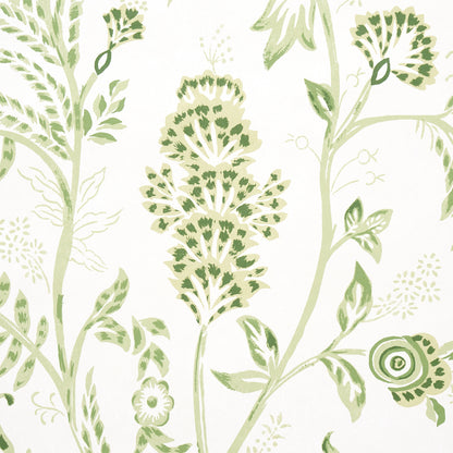 Green botanical wallpaper pattern featuring stylized leaves and stems on ivory background; panel set.