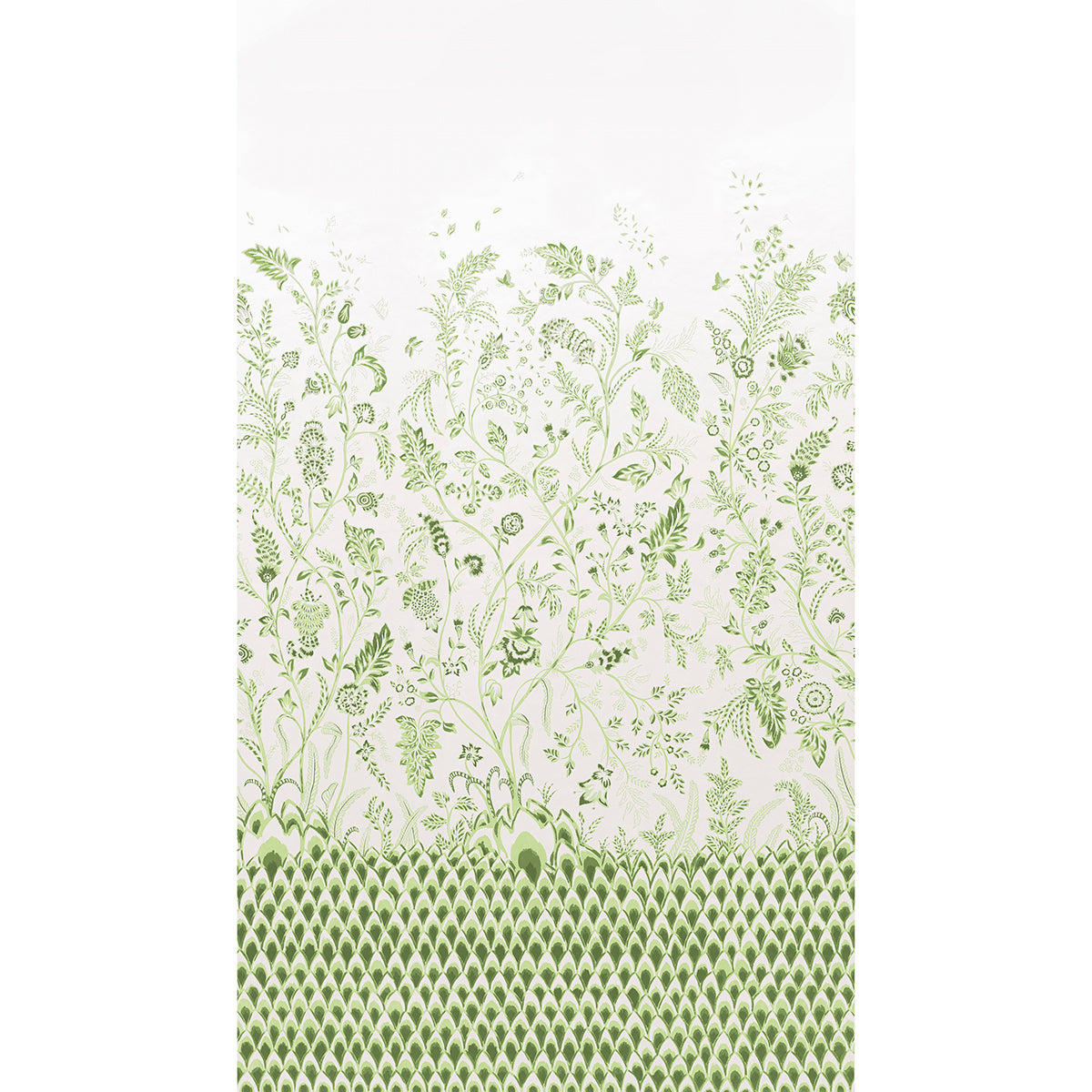 Tall white textile panel set with pale green botanical vines and leaves; bottom border features a dense green scale/diamond pattern.