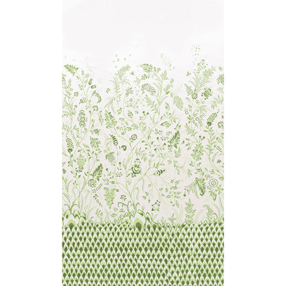 Tall white textile panel set with pale green botanical vines and leaves; bottom border features a dense green scale/diamond pattern.