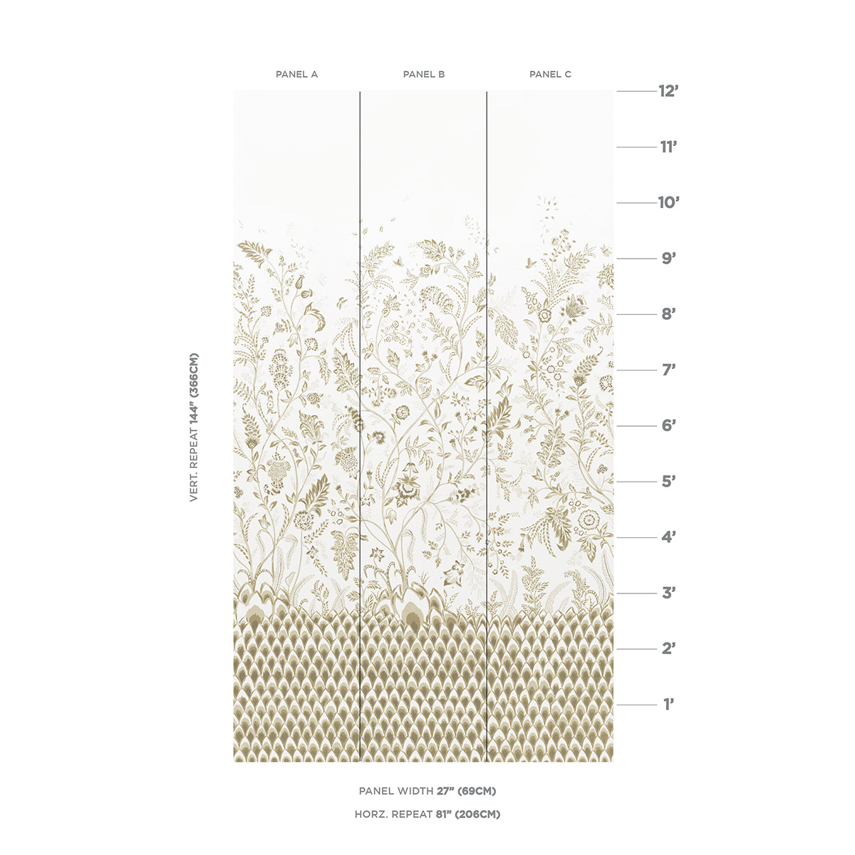 Three-panel neutral wallpaper with botanical vines above a geometric lattice at the bottom (Panels A–C).