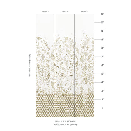 Three-panel neutral wallpaper with botanical vines above a geometric lattice at the bottom (Panels A–C).