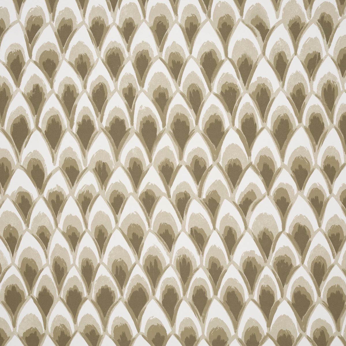 Beige and taupe scalloped scale-pattern wallpaper with repeating arched shapes, on a neutral panel set.