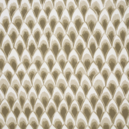 Beige and taupe scalloped scale-pattern wallpaper with repeating arched shapes, on a neutral panel set.