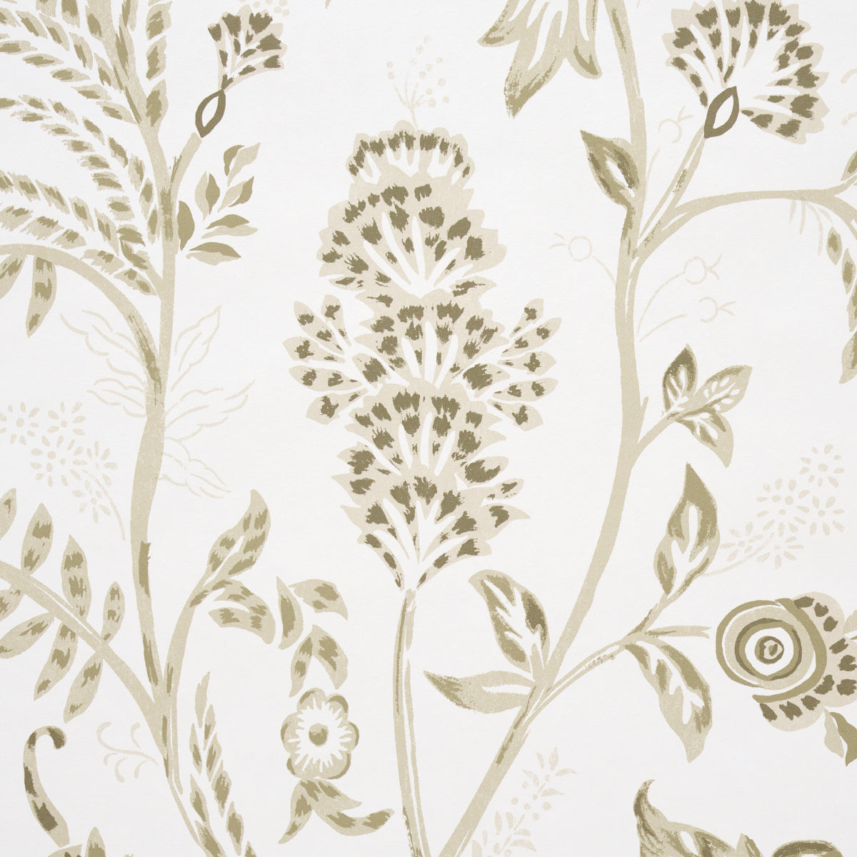 Beige damask-inspired wallpaper with tall flowering stems and leaves on an off-white background.