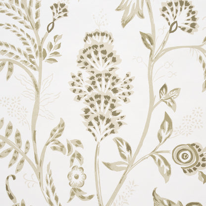 Beige damask-inspired wallpaper with tall flowering stems and leaves on an off-white background.