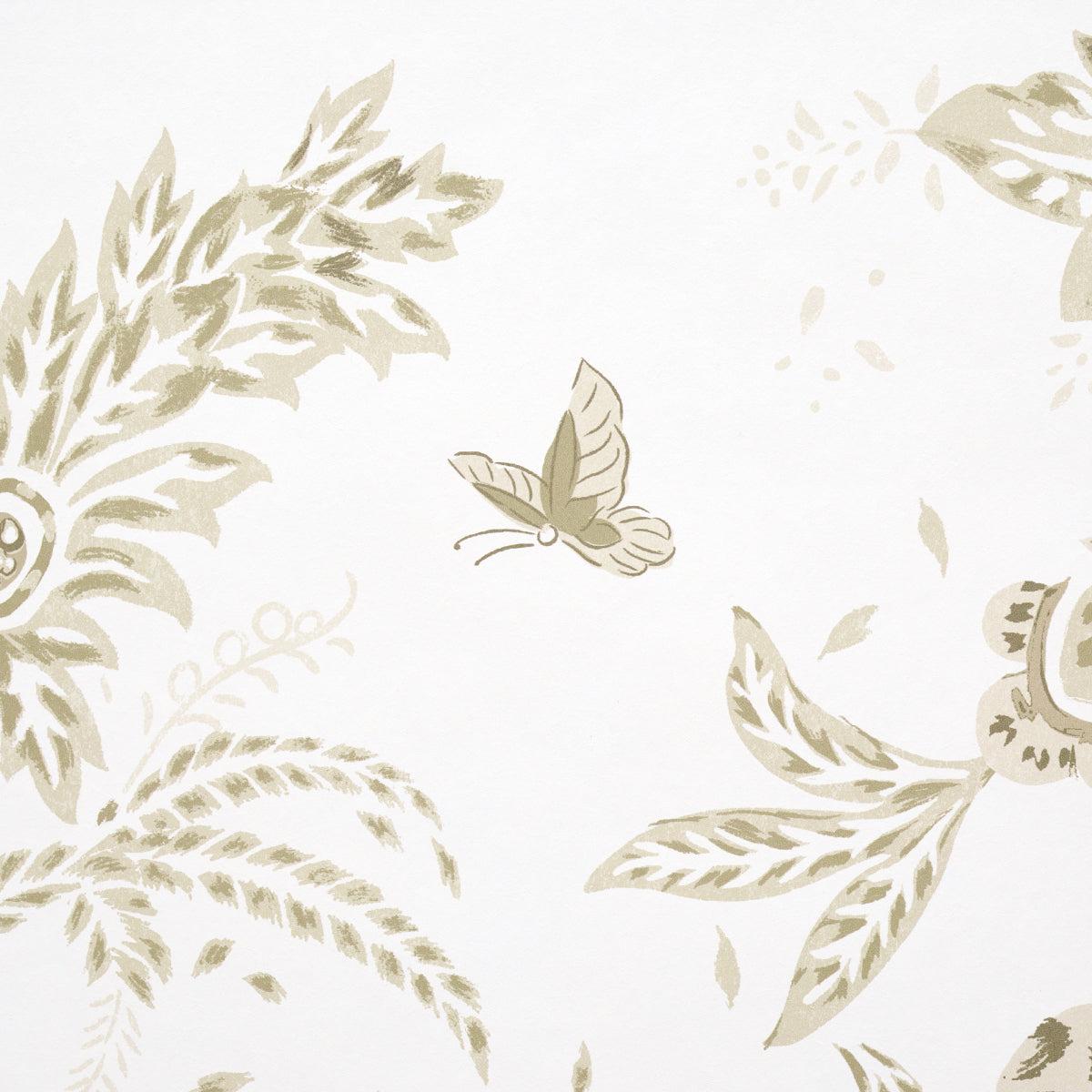 Beige botanical wallpaper with cream background, leafy vines & a butterfly motif; decorative wall covering.