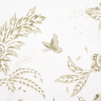Beige botanical wallpaper with cream background, leafy vines & a butterfly motif; decorative wall covering.