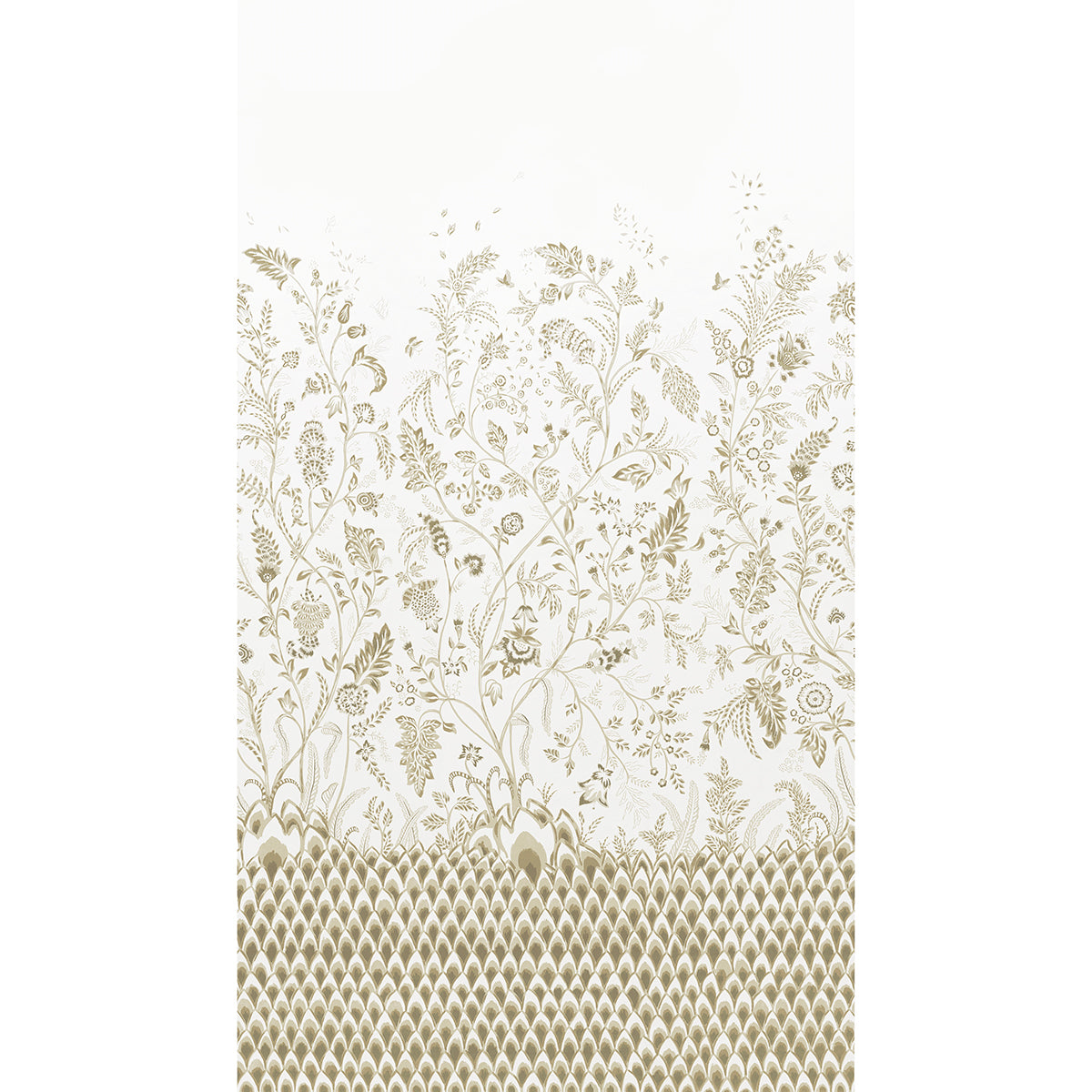 Ivory background with delicate gold botanical vines, transitioning to a bottom gold scale-like border.