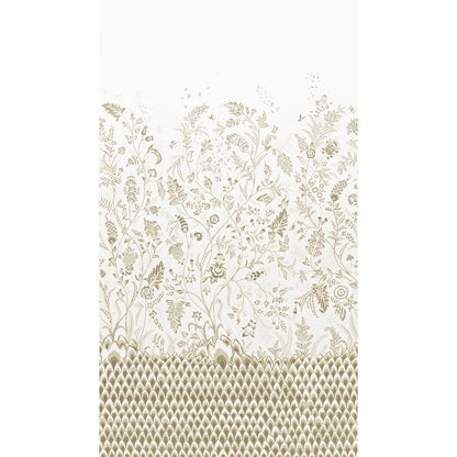 Ivory background with delicate gold botanical vines, transitioning to a bottom gold scale-like border.