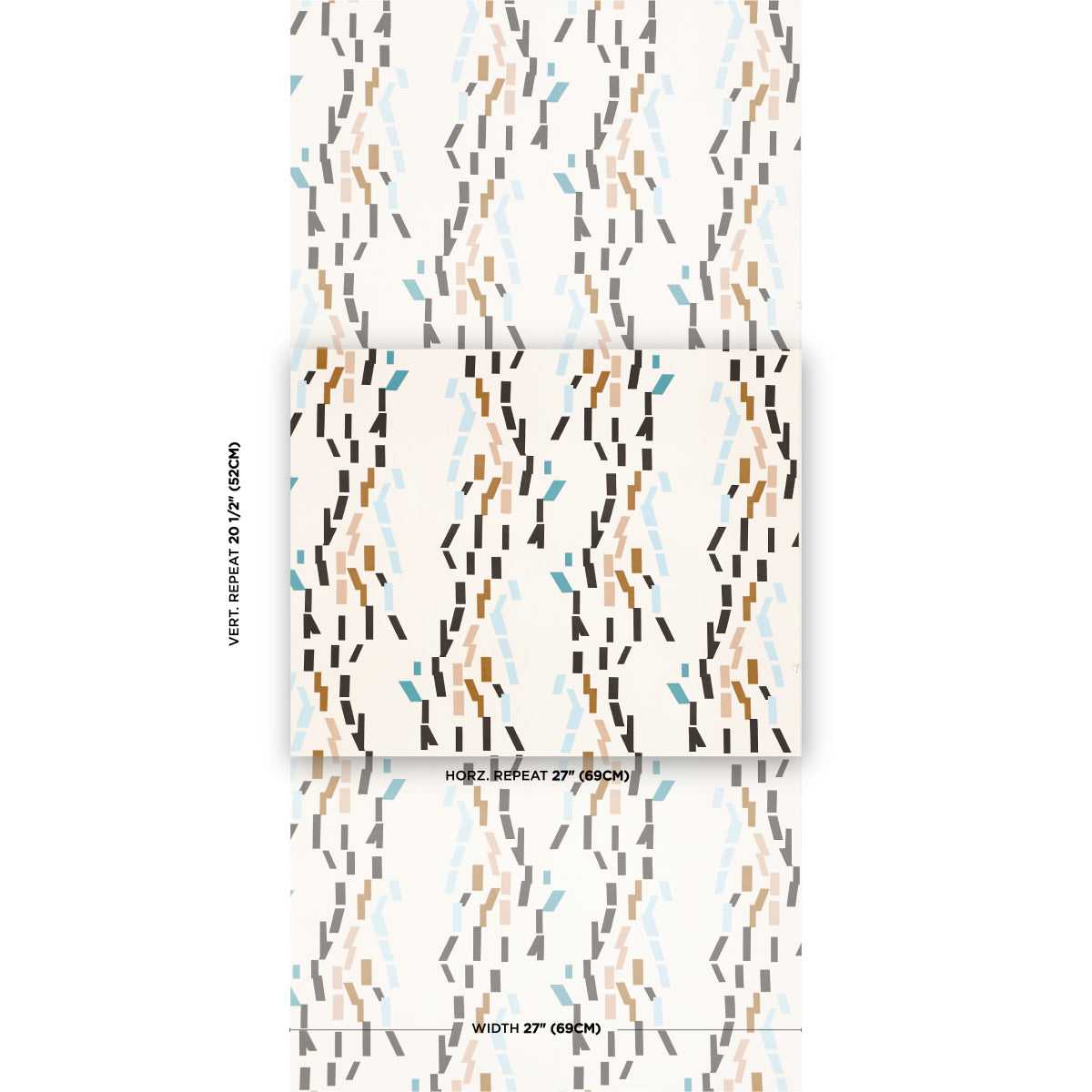 Geometric wallpaper motif with dashed vertical lines in black, tan, and teal on a pale background.